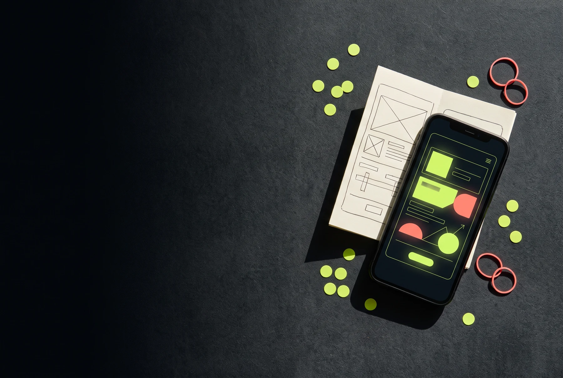 Phone prototype with wireframe paper and bright markers