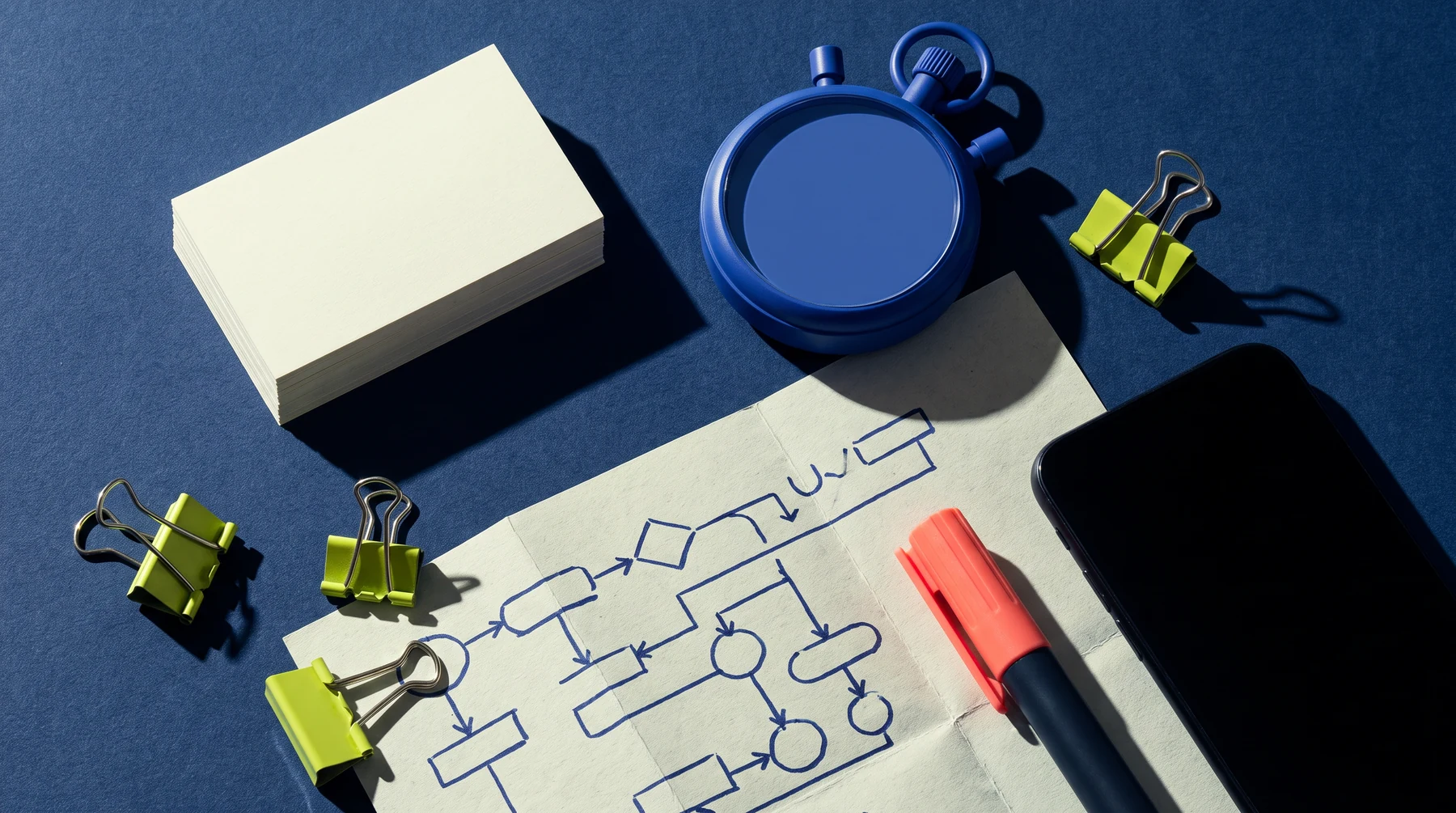 Product planning materials on a blue work surface
