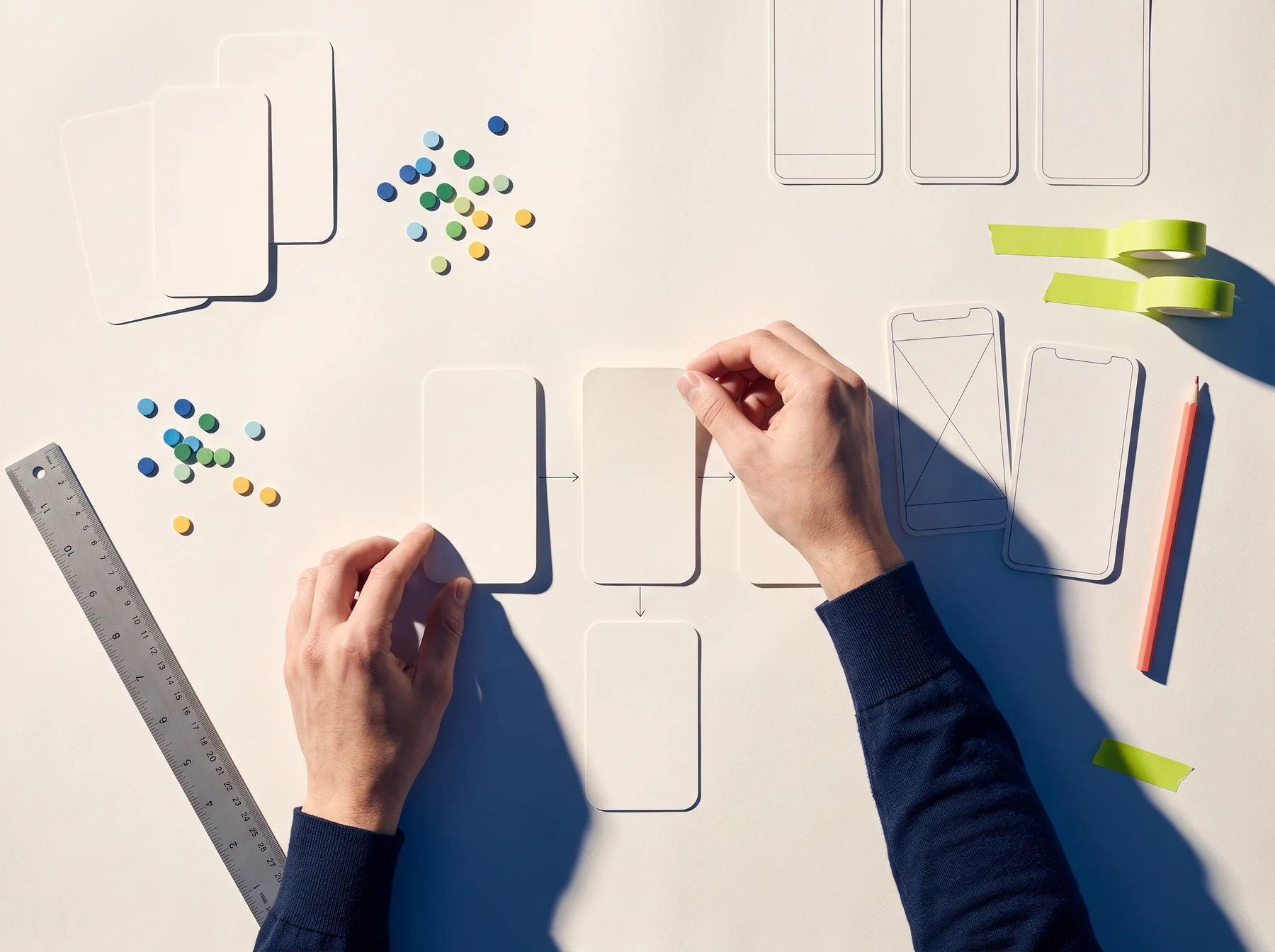 Hands arranging product flow cards
