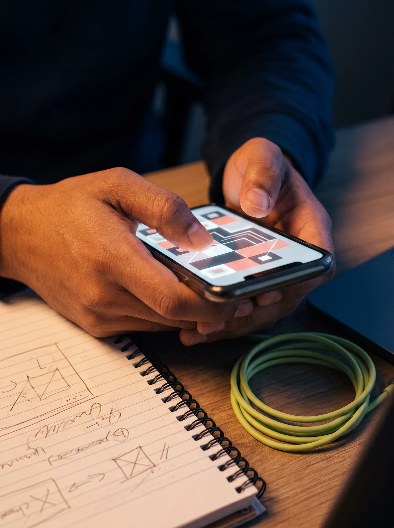 Hands testing a phone prototype